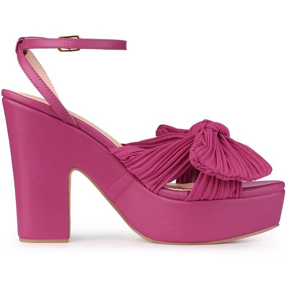 Women's Platform Pleated Bow Slingback Block High Heel Sandals Hot Pink - Picture 6 of 6